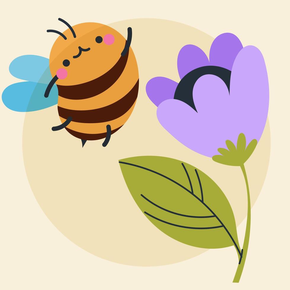 Cute kawaii bee and flowers in cartoon, flat, doodle, simple style. Design element for posters, postcards, greeting cards, wallpapers, children's clothes, fabrics, t-shirts, logos vector