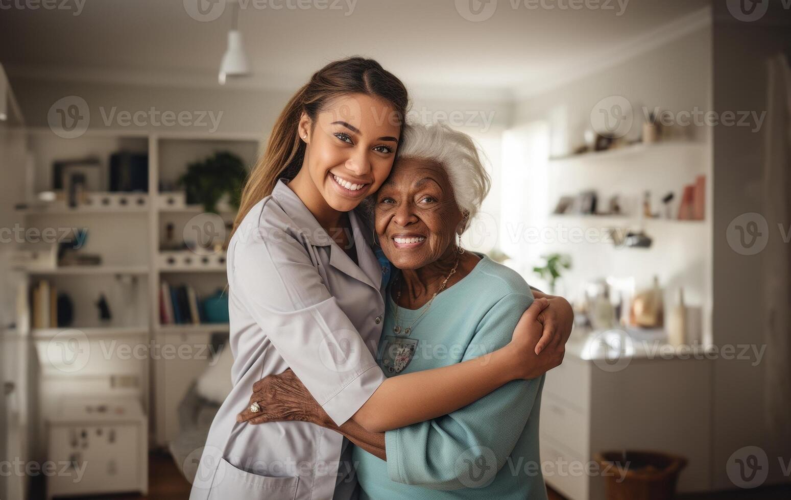 A doctor embraces an elderly patient in a hospital room, symbolizing the compassionate bond and emotional support that defines exceptional healthcare and geriatric well-being.Generated photo