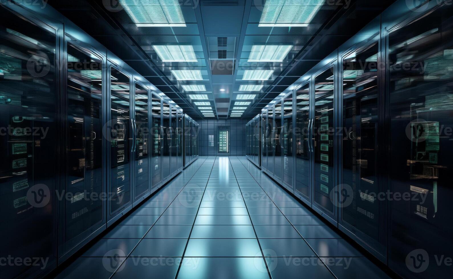 Modern server room showcases a high-tech marvel of computing infrastructure, where sleek hardware, intricate cabling, and advanced technology converge to power the digital world's photo