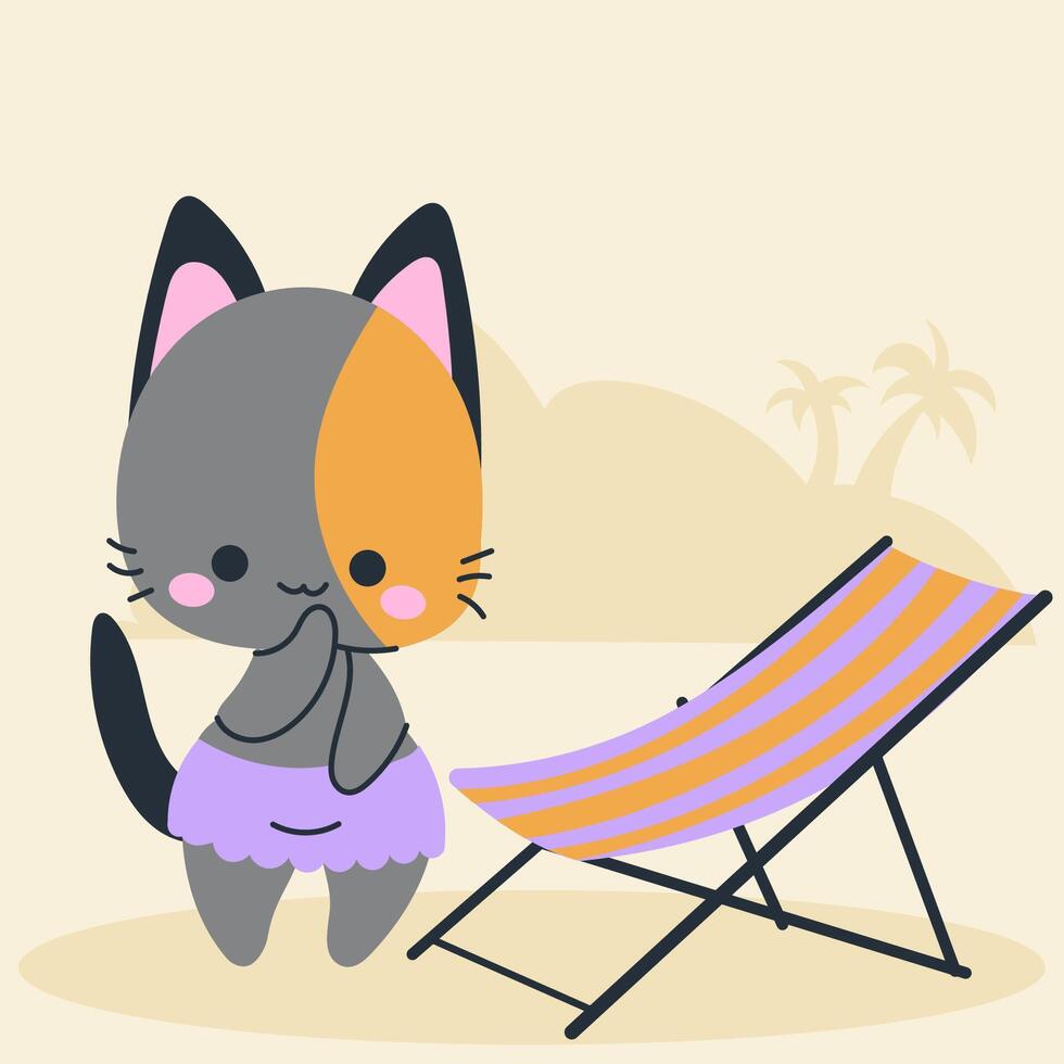 Cute kawaii cat on beach in cartoon, flat, doodle, simple style. Design element for posters, postcards, greeting cards, wallpapers, children's clothes, fabrics, t-shirts, logos vector
