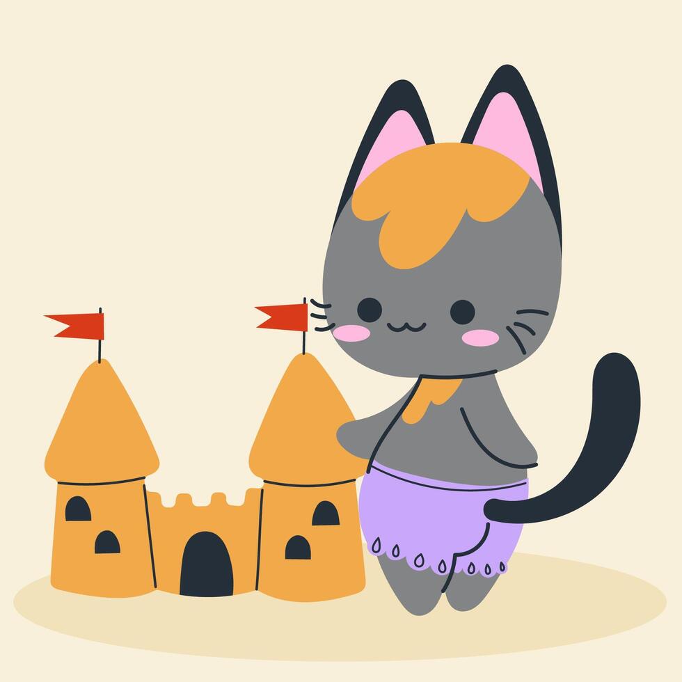 Cute kawaii cat on beach in cartoon, flat, doodle, simple style. Design element for posters, postcards, greeting cards, wallpapers, children's clothes, fabrics, t-shirts, logos vector