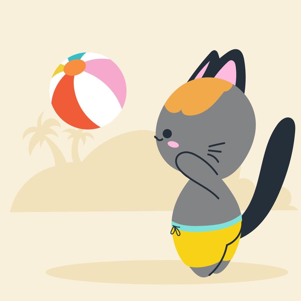 Cute kawaii cat on beach in cartoon, flat, doodle, simple style. Design element for posters, postcards, greeting cards, wallpapers, children's clothes, fabrics, t-shirts, logos vector