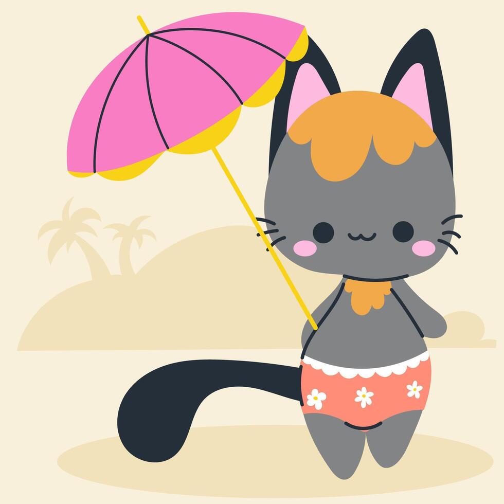 Cute kawaii cat on beach in cartoon, flat, doodle, simple style. Design element for posters, postcards, greeting cards, wallpapers, children's clothes, fabrics, t-shirts, logos vector