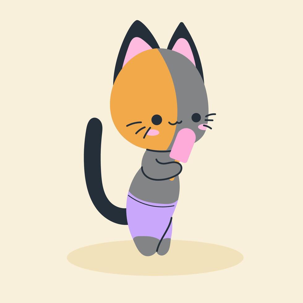 Cute kawaii cat on beach in cartoon, flat, doodle, simple style. Design element for posters, postcards, greeting cards, wallpapers, children's clothes, fabrics, t-shirts, logos vector
