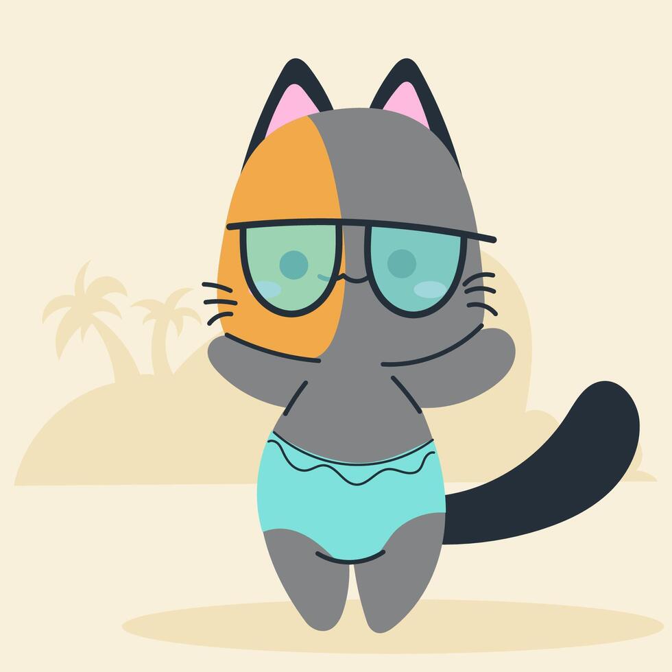 Cute kawaii cat on beach in cartoon, flat, doodle, simple style. Design element for posters, postcards, greeting cards, wallpapers, children's clothes, fabrics, t-shirts, logos vector