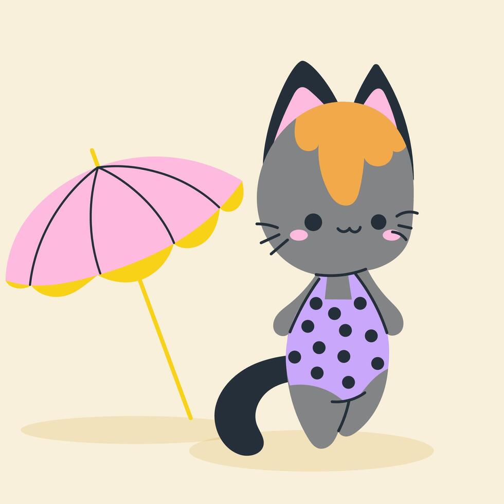 Cute kawaii cat on beach in cartoon, flat, doodle, simple style. Design element for posters, postcards, greeting cards, wallpapers, children's clothes, fabrics, t-shirts, logos vector