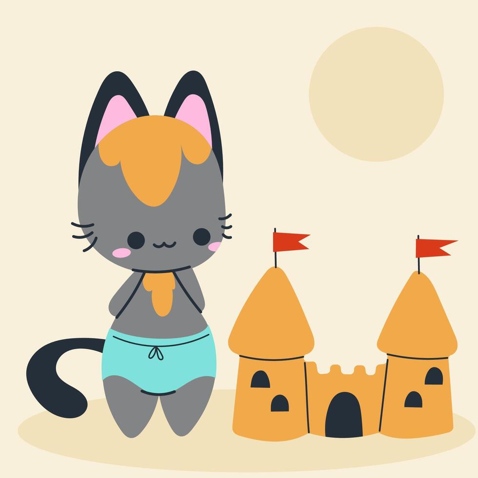 Cute kawaii cat on beach in cartoon, flat, doodle, simple style. Design element for posters, postcards, greeting cards, wallpapers, children's clothes, fabrics, t-shirts, logos vector