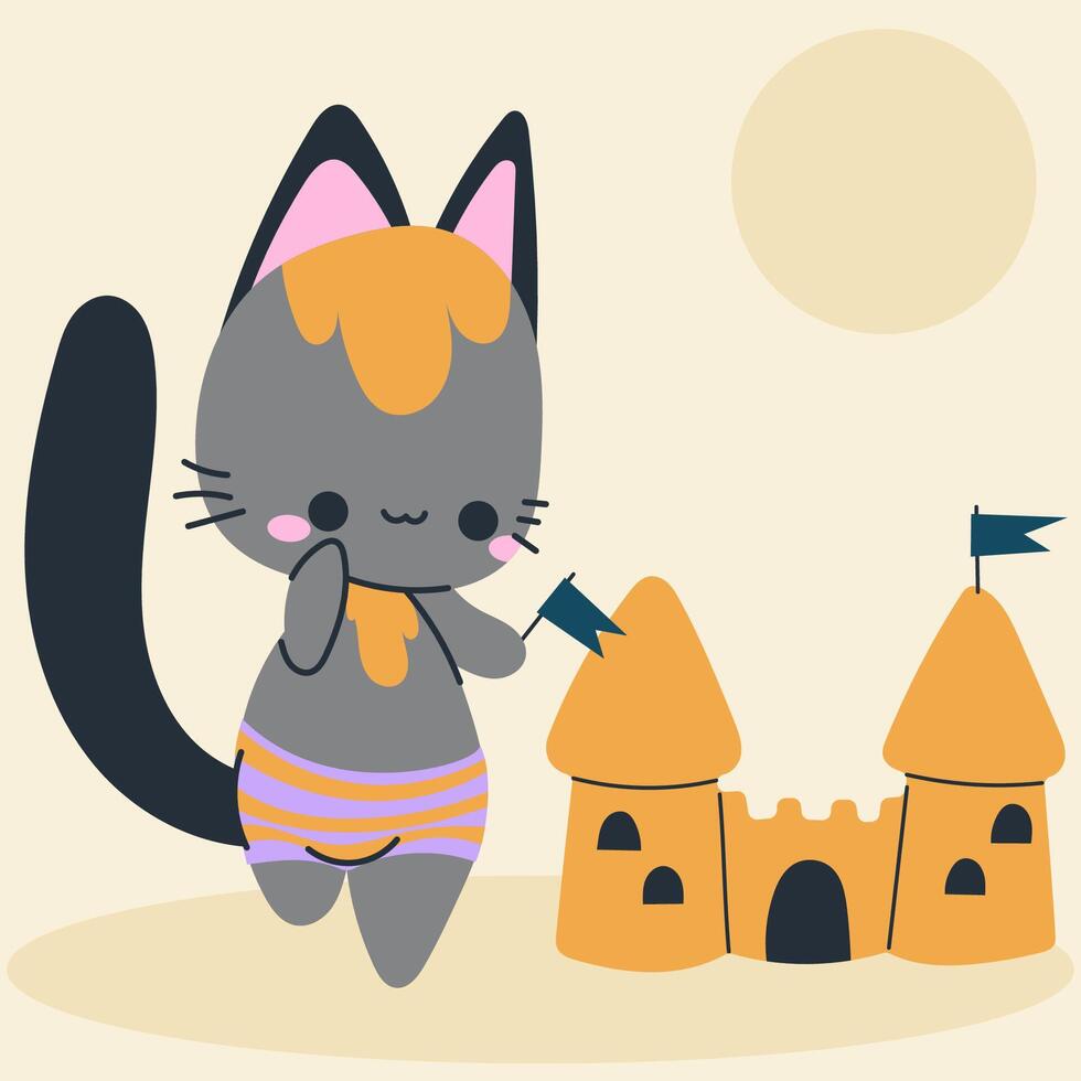 Cute kawaii cat on beach in cartoon, flat, doodle, simple style. Design element for posters, postcards, greeting cards, wallpapers, children's clothes, fabrics, t-shirts, logos vector