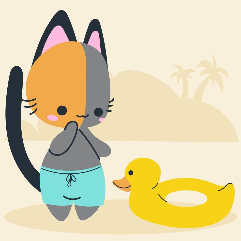 Cute kawaii cat on beach in cartoon, flat, doodle, simple style. Design element for posters, postcards, greeting cards, wallpapers, children's clothes, fabrics, t-shirts, logos vector
