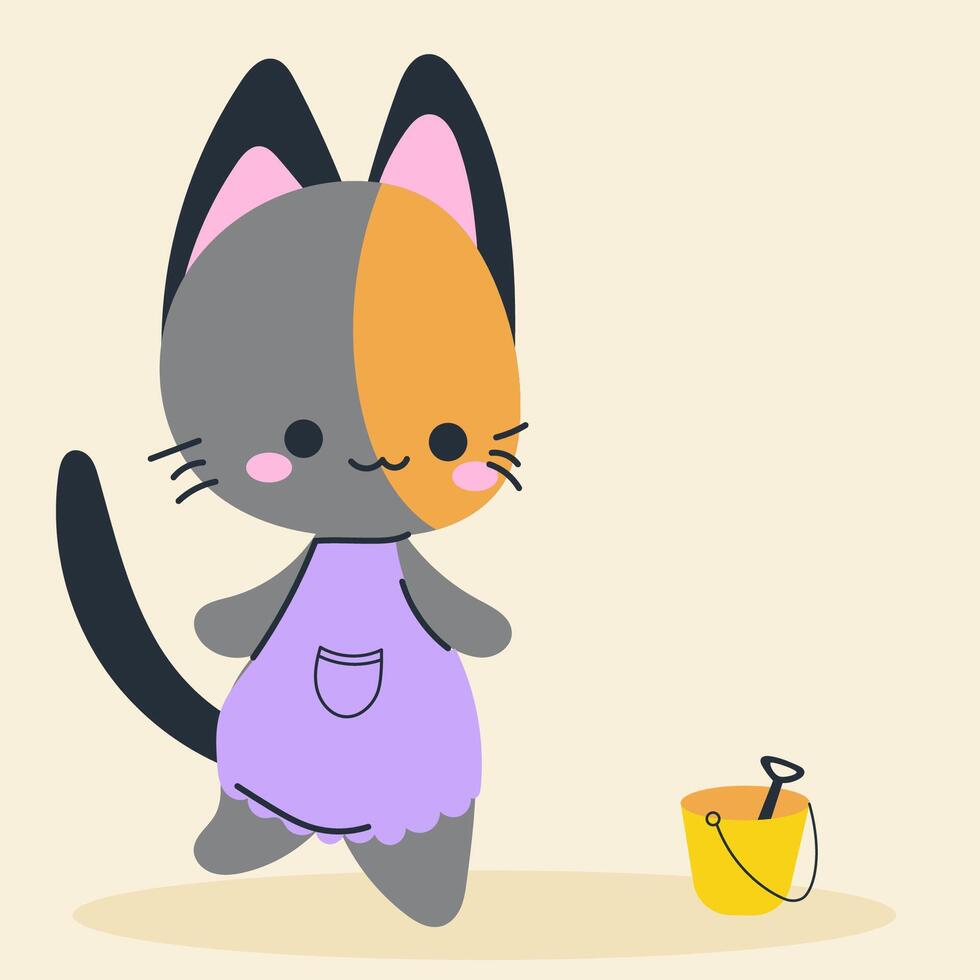 Cute kawaii cat on beach in cartoon, flat, doodle, simple style. Design element for posters, postcards, greeting cards, wallpapers, children's clothes, fabrics, t-shirts, logos vector