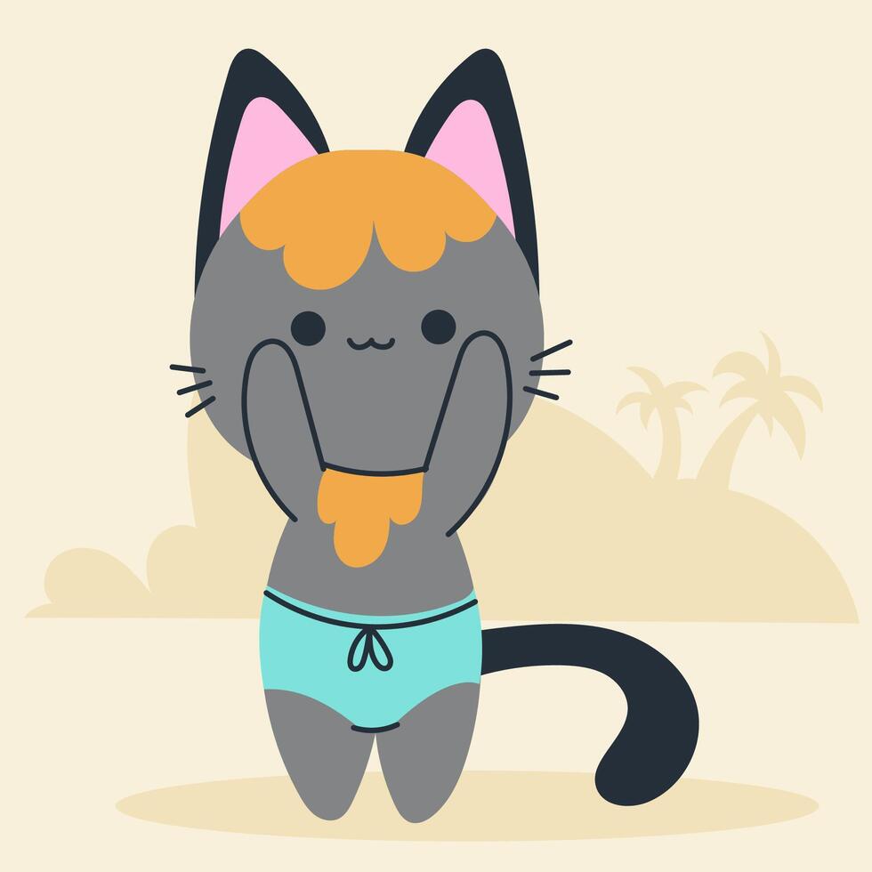 Cute kawaii cat on beach in cartoon, flat, doodle, simple style. Design element for posters, postcards, greeting cards, wallpapers, children's clothes, fabrics, t-shirts, logos vector