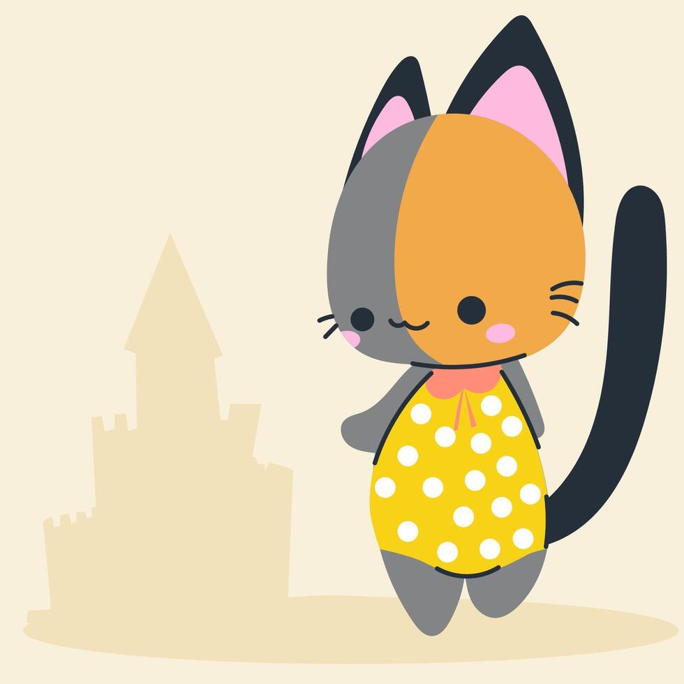 Cute kawaii cat on beach in cartoon, flat, doodle, simple style. Design element for posters, postcards, greeting cards, wallpapers, children's clothes, fabrics, t-shirts, logos vector