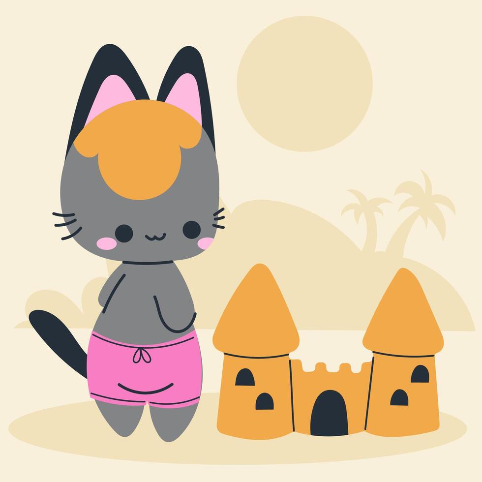Cute kawaii cat on beach in cartoon, flat, doodle, simple style. Design element for posters, postcards, greeting cards, wallpapers, children's clothes, fabrics, t-shirts, logos vector