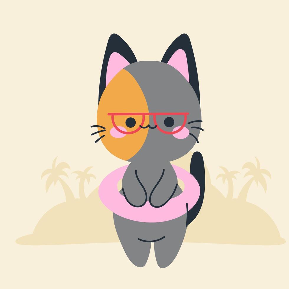 Cute kawaii cat on beach in cartoon, flat, doodle, simple style. Design element for posters, postcards, greeting cards, wallpapers, children's clothes, fabrics, t-shirts, logos vector