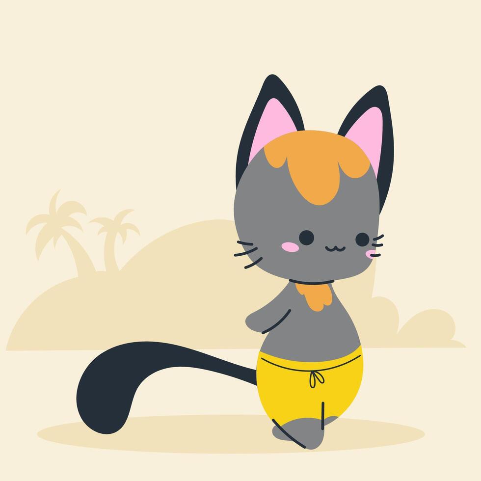 Cute kawaii cat on beach in cartoon, flat, doodle, simple style. Design element for posters, postcards, greeting cards, wallpapers, children's clothes, fabrics, t-shirts, logos vector