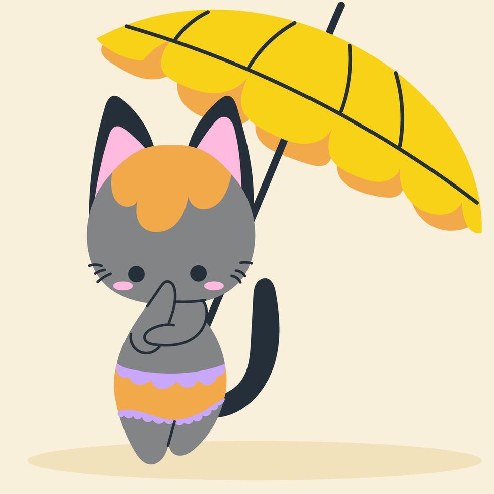 Cute kawaii cat on beach in cartoon, flat, doodle, simple style. Design element for posters, postcards, greeting cards, wallpapers, children's clothes, fabrics, t-shirts, logos vector