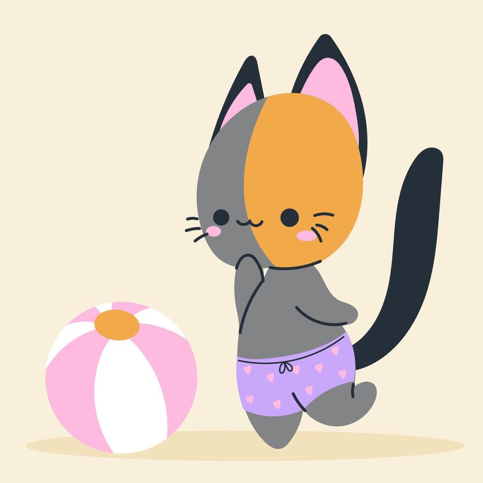 Cute kawaii cat on beach in cartoon, flat, doodle, simple style. Design element for posters, postcards, greeting cards, wallpapers, children's clothes, fabrics, t-shirts, logos vector