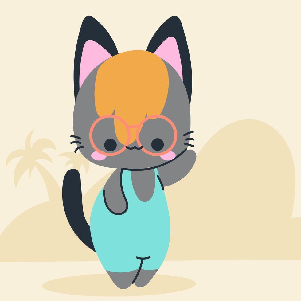 Cute kawaii cat on beach in cartoon, flat, doodle, simple style. Design element for posters, postcards, greeting cards, wallpapers, children's clothes, fabrics, t-shirts, logos vector