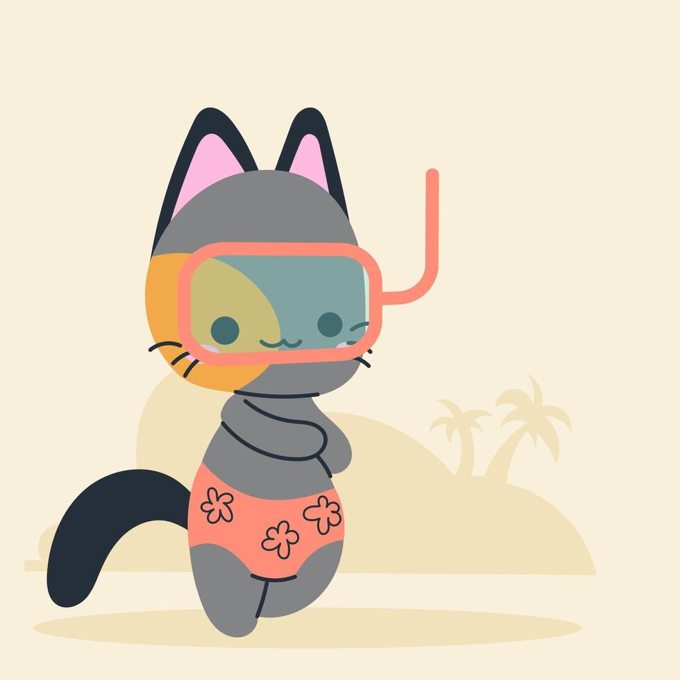 Cute kawaii cat on beach in cartoon, flat, doodle, simple style. Design element for posters, postcards, greeting cards, wallpapers, children's clothes, fabrics, t-shirts, logos vector