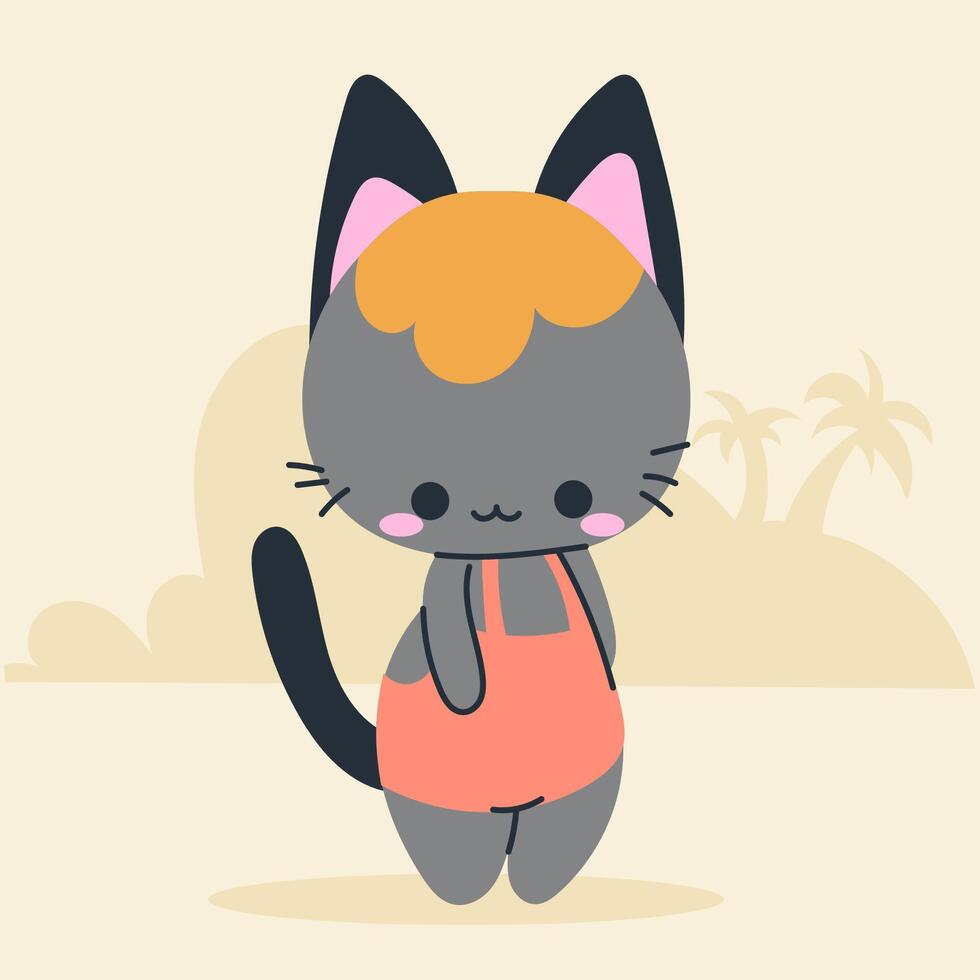 Cute kawaii cat on beach in cartoon, flat, doodle, simple style. Design element for posters, postcards, greeting cards, wallpapers, children's clothes, fabrics, t-shirts, logos vector