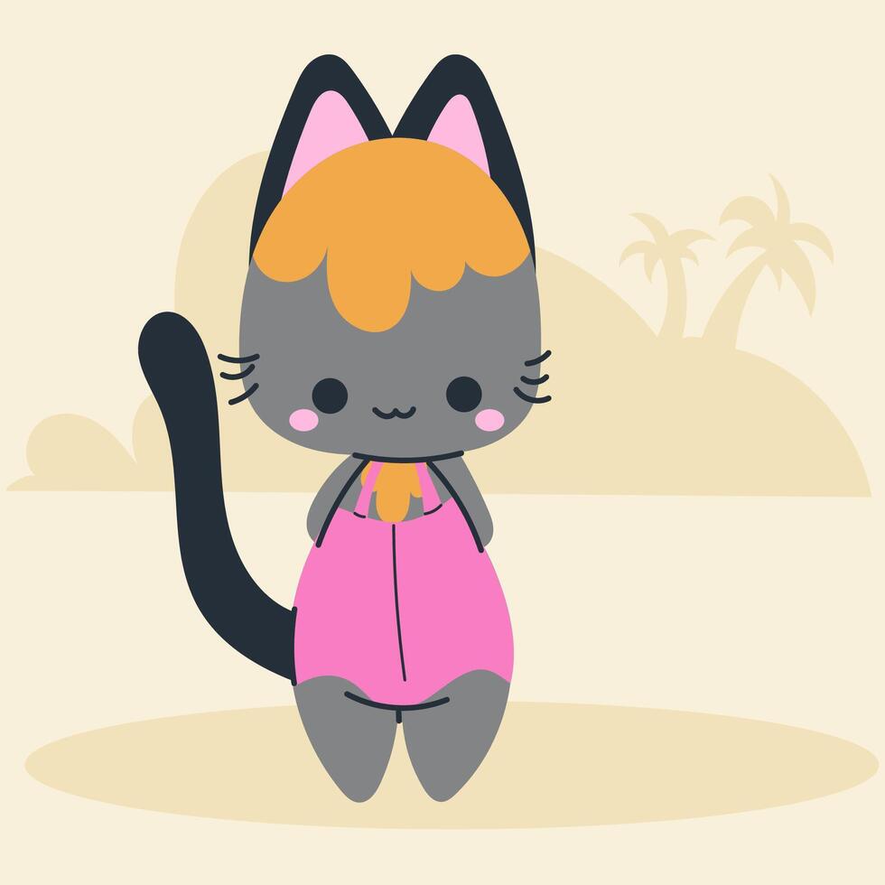 Cute kawaii cat on beach in cartoon, flat, doodle, simple style. Design element for posters, postcards, greeting cards, wallpapers, children's clothes, fabrics, t-shirts, logos vector