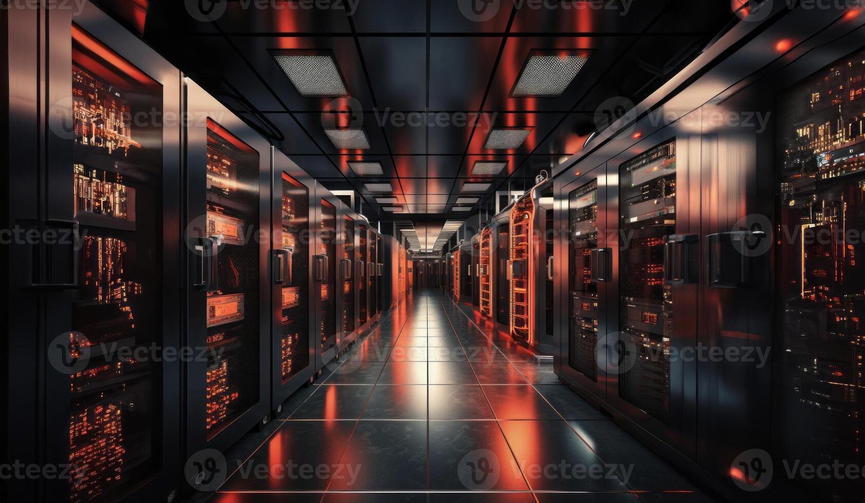 Modern server room showcases a high-tech marvel of computing infrastructure, where sleek hardware, intricate cabling, and advanced technology converge to power the digital world's photo