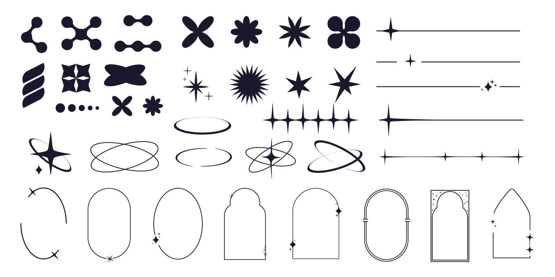 Set of y2k minimal geometric shapes thin line rings, abstract aesthetic element illustrated for banners, social media, poster design, sticker. Trendy design with frame, sparkles, star, lines vector