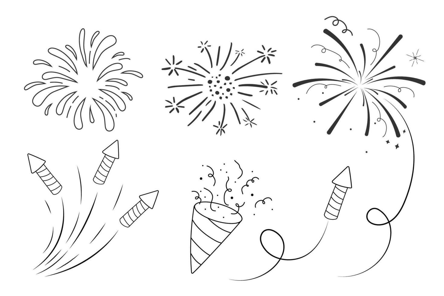 Fireworks and rocket, salute with burst, light and festive explosions in doodle style. Hand drawn sparks, firecracker on white background. Party, celebrations, event. vector
