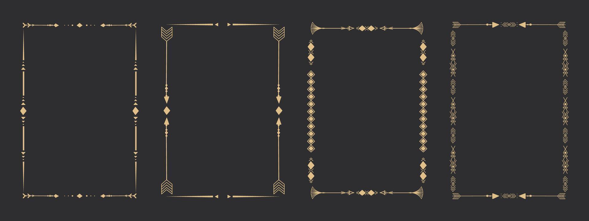 Gold frame set with tribal native indian arrow, ornament. Border thin line divider decoration with feather, simple motif. vector