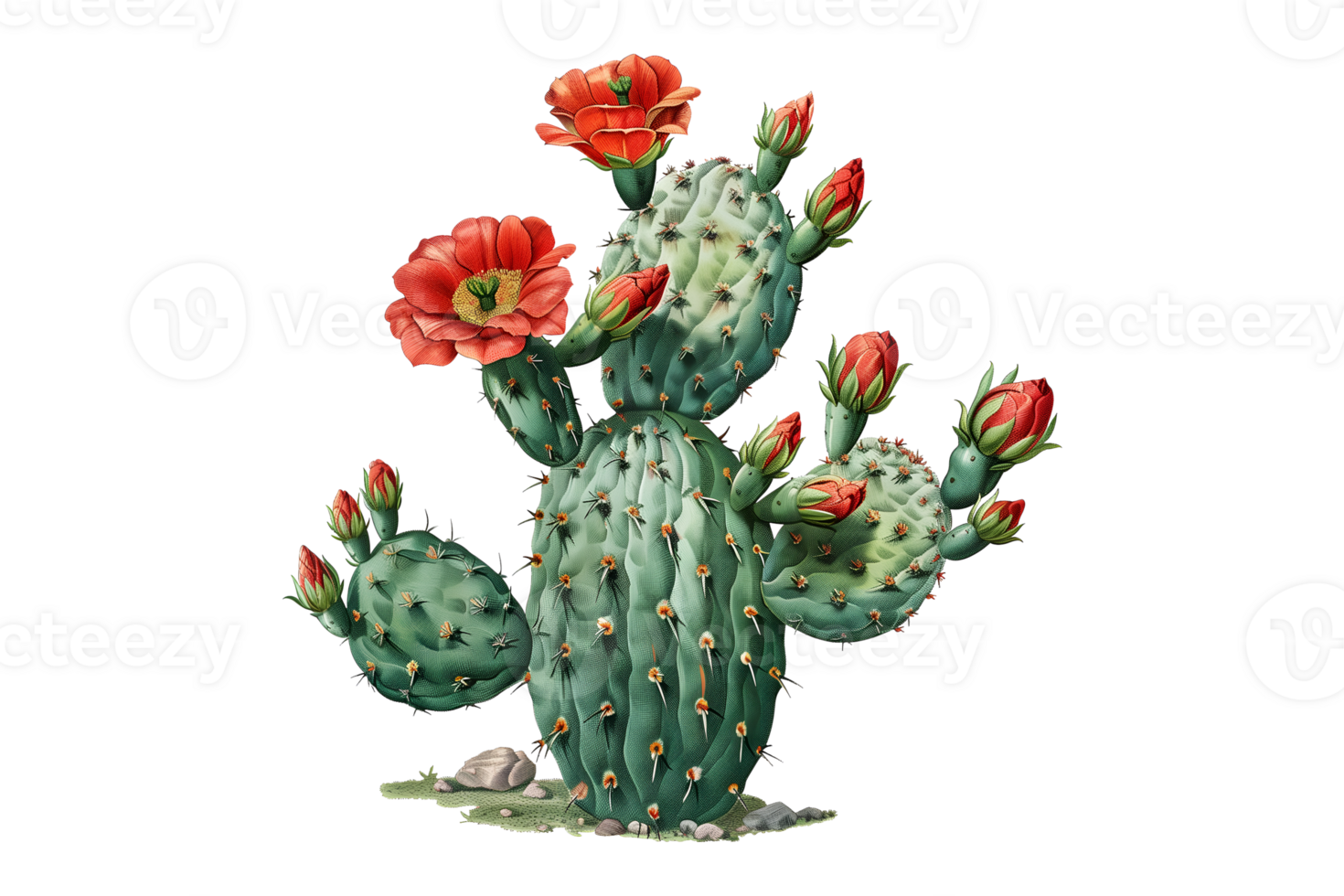 watercolor illustration of a large cactus with red flowers on it png