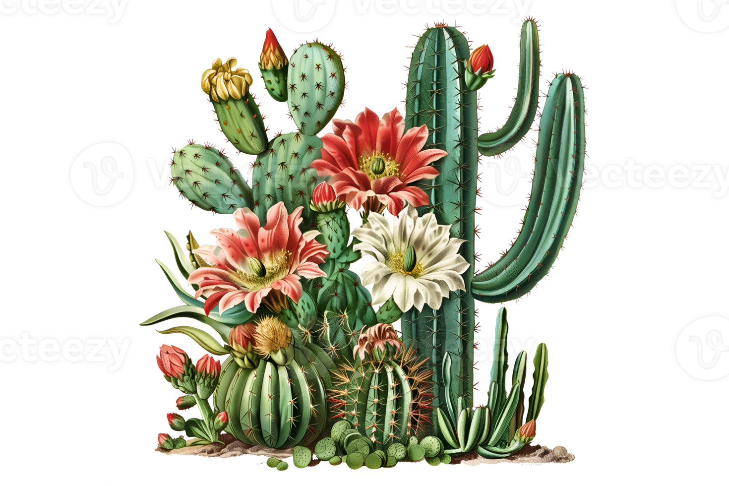 watercolor illustration of a large cactus with red flowers on it png