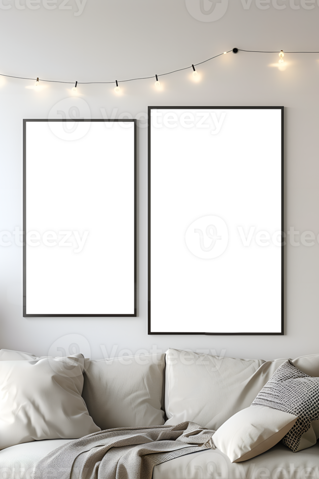 two mock-up frames in a decorated Scandinavian Christmas interior png