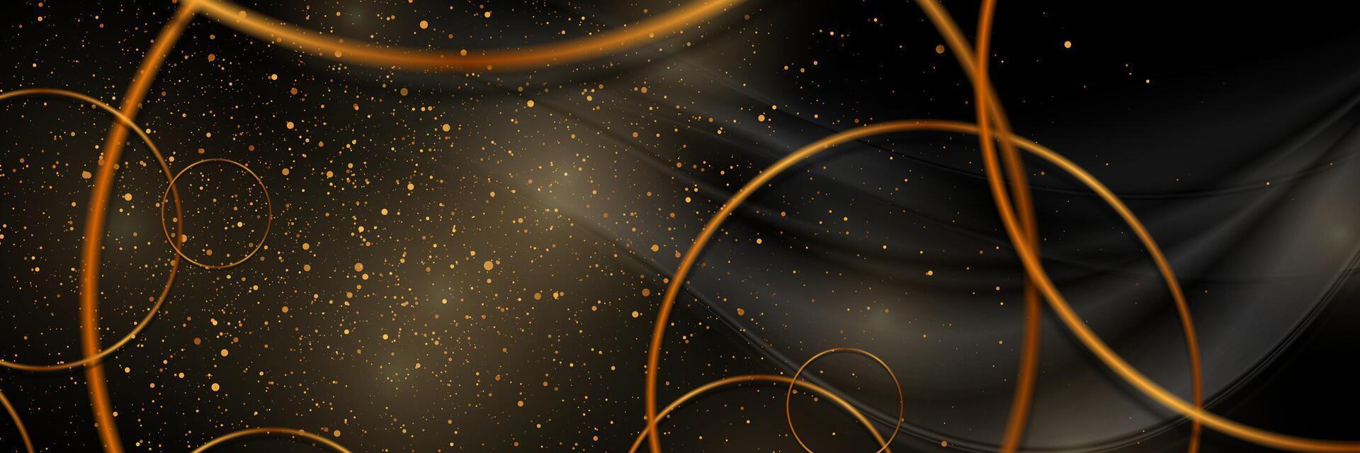 Black smooth wavy background with golden dots and circles vector