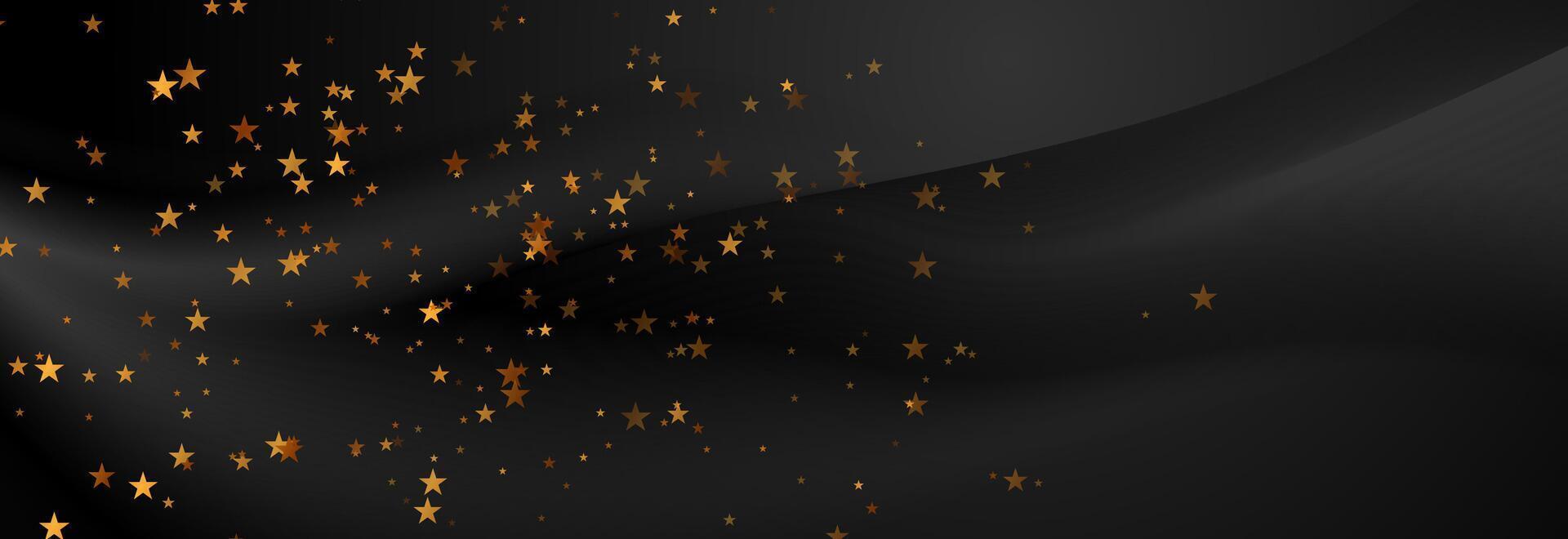 Black smooth waves abstract background with golden stars vector
