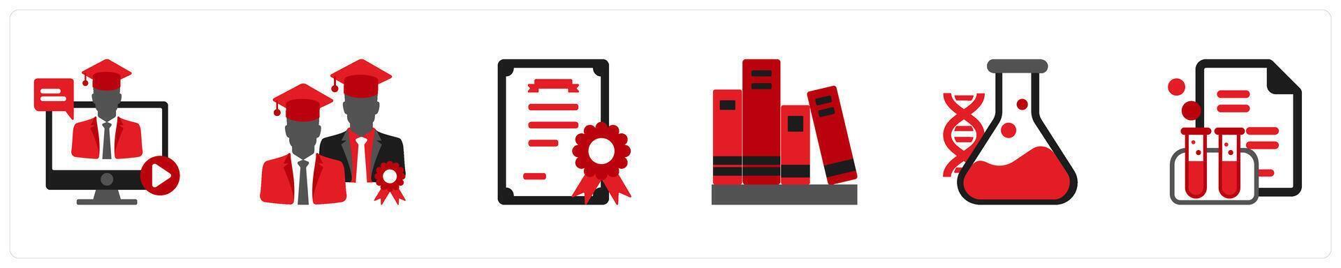 Six Education icons in red and black as online education, student, certificate vector