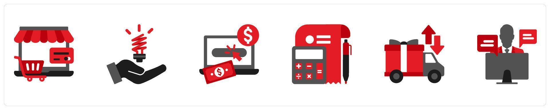Six Shopping icons in red and black as e commerce, success, pay per click vector
