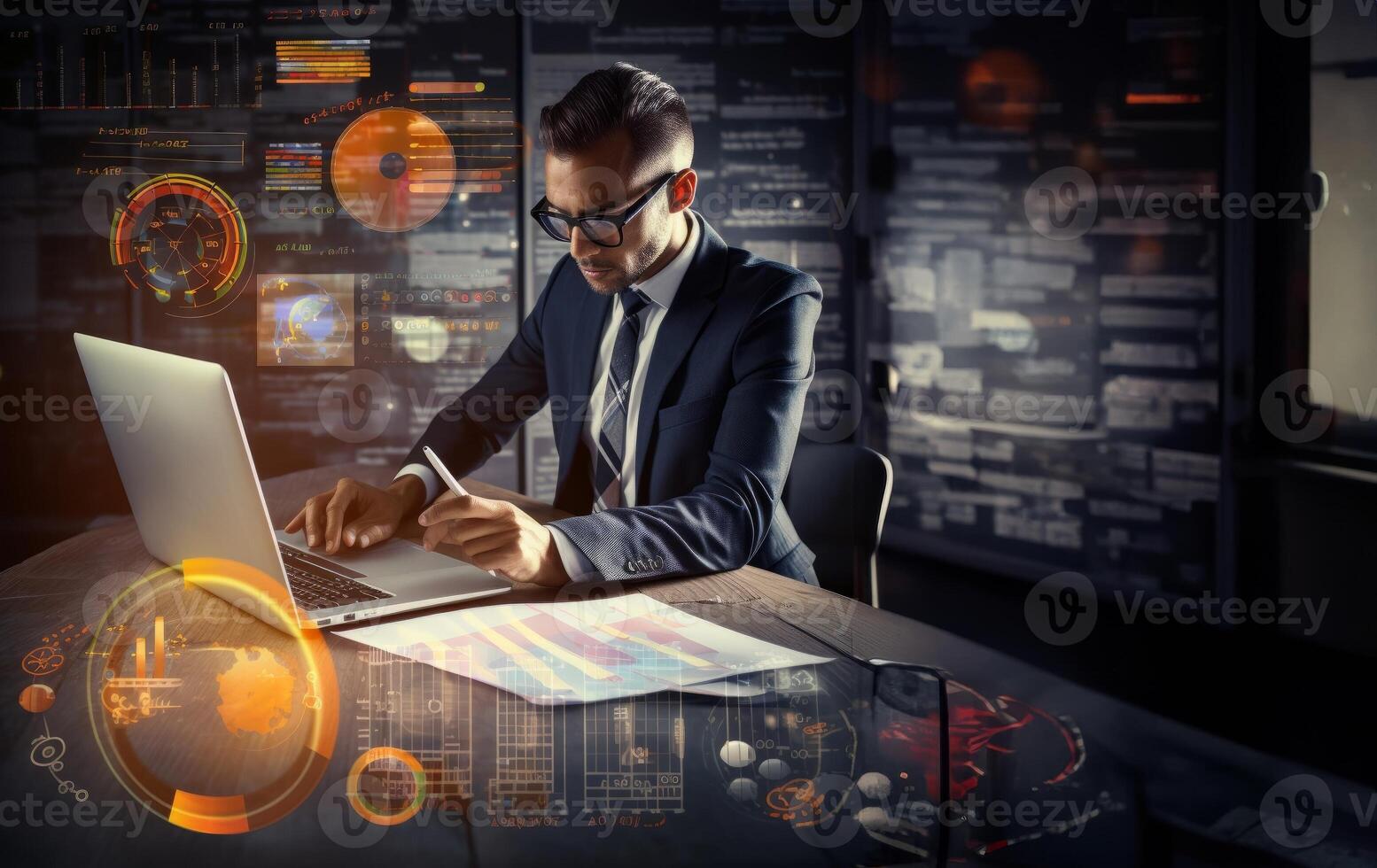 Businessman Analyzing Statistical Data to Evaluate Success.Generated image photo