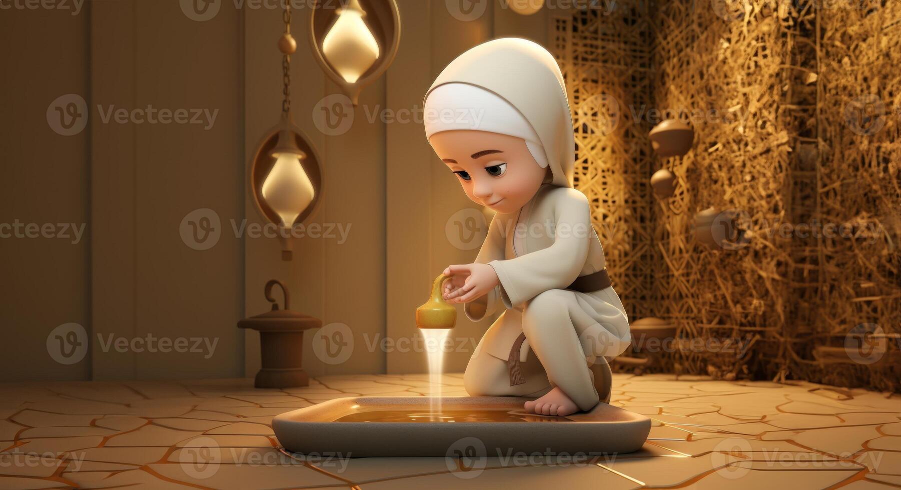 A serene moment captured in a photograph, depicting a little girl engaged in the Islamic ritual of abdest, symbolizing purity and spiritual cleansing before prayer.Generated image photo