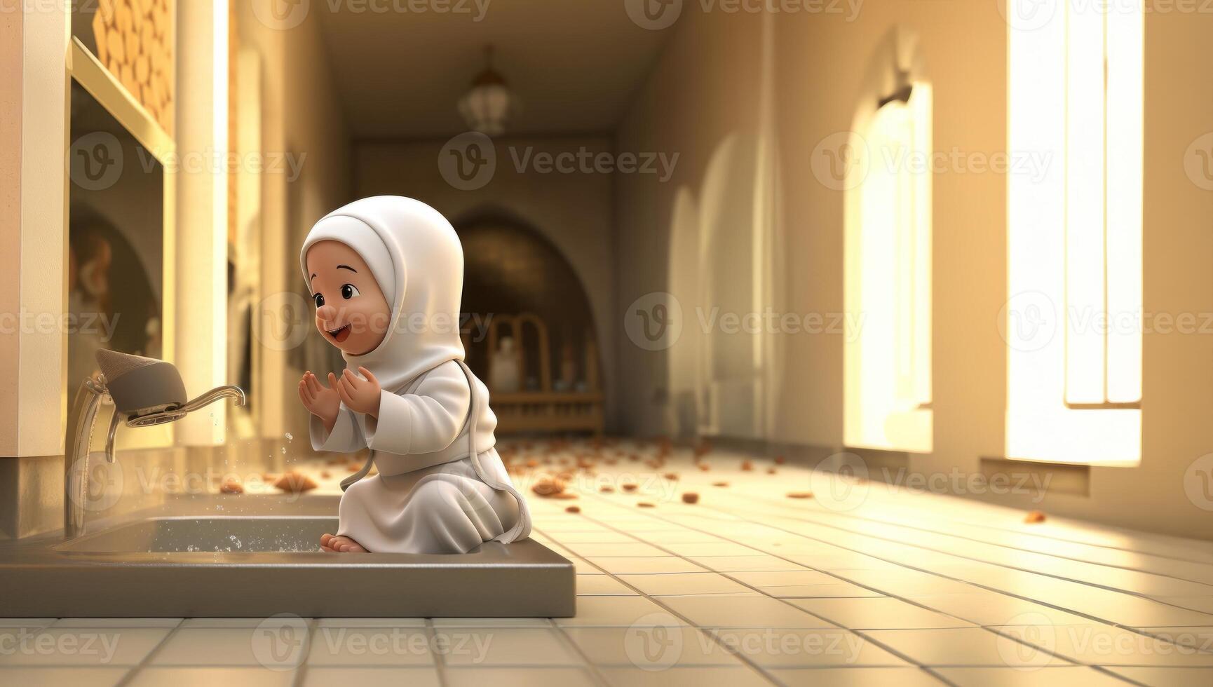A serene moment captured in a photograph, depicting a little girl engaged in the Islamic ritual of abdest, symbolizing purity and spiritual cleansing before prayer.Generated image photo