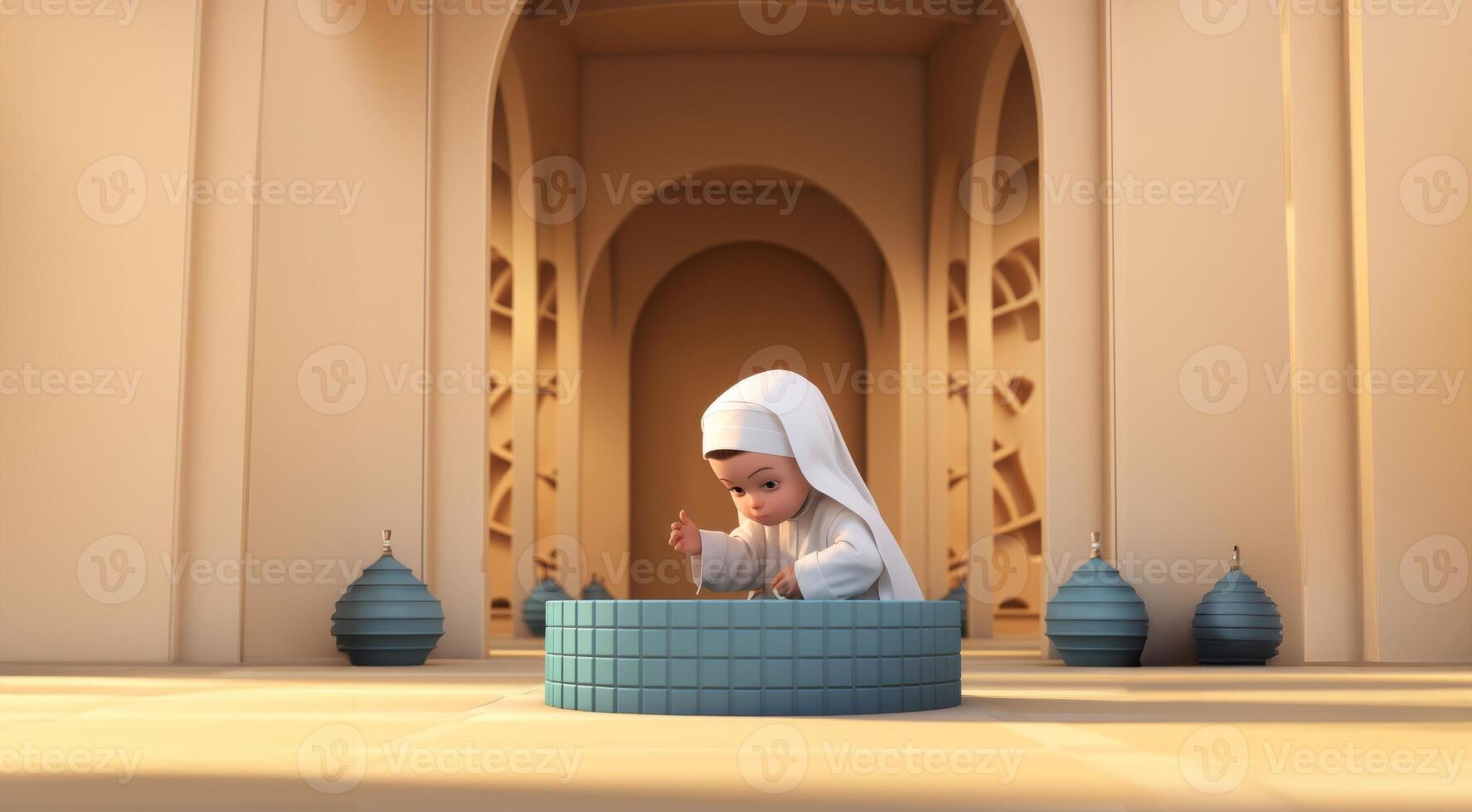 A serene moment captured in a photograph, depicting a little girl engaged in the Islamic ritual of abdest, symbolizing purity and spiritual cleansing before prayer.Generated image photo