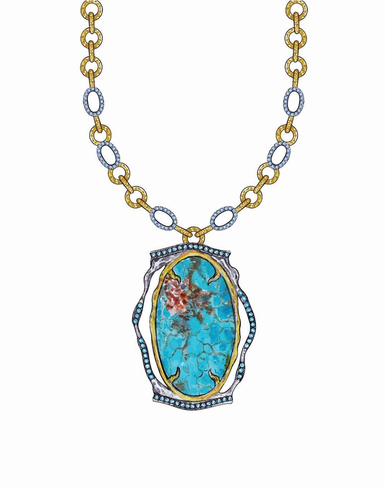 Jewelry design art necklace set with gems and turquoise hand drawing and make graphic . vector