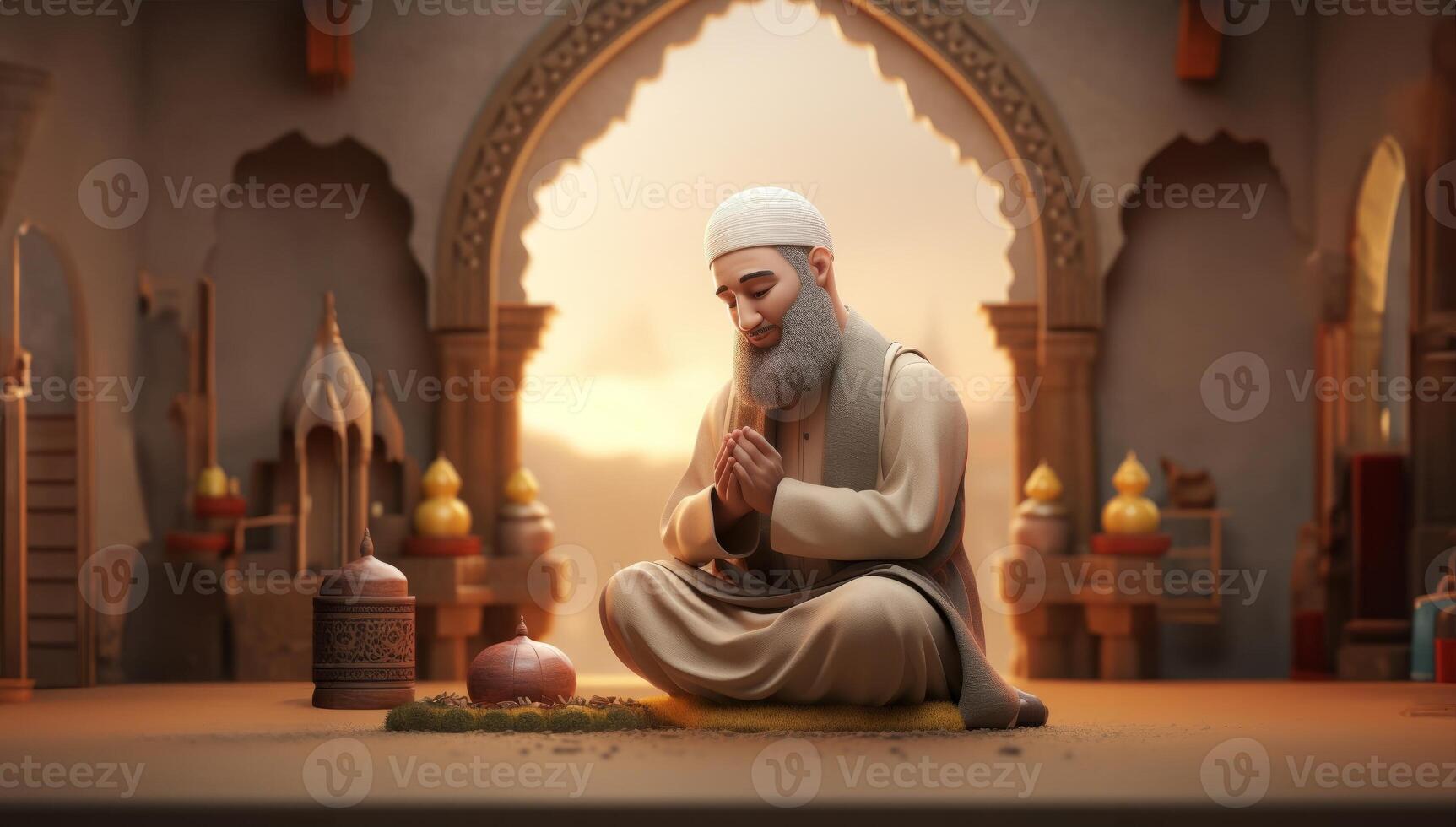 Elderly Muslim in Traditional Attire Praying in a Sacred Place.Generated image photo