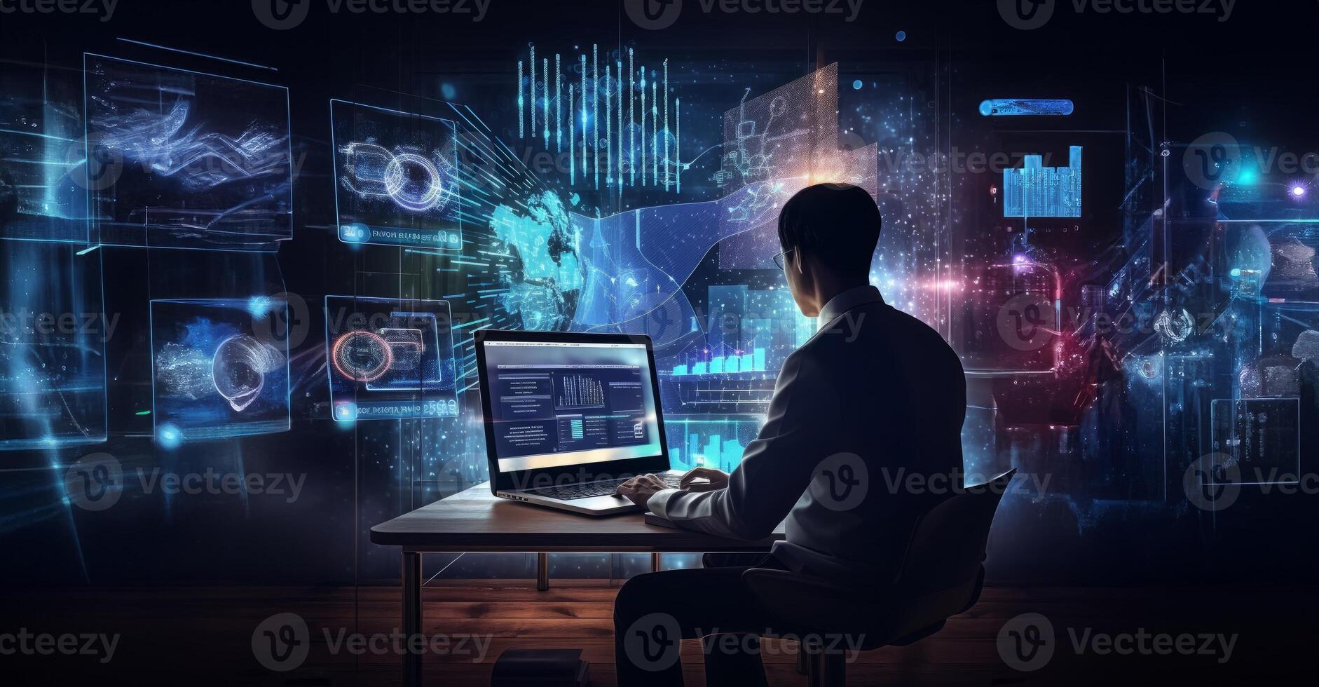 A business executive in a sharp suit engages in a hacking scenario, strategically utilizing a laptop amid a technologically immersive environment filled with holographic displays photo