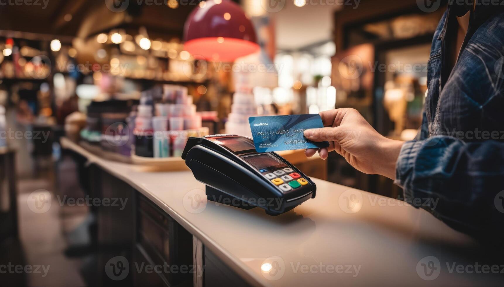A customer at a cafe or restaurant completes a seamless transaction, using a credit card to pay at the cashier, showcasing the convenience of digital payment in the dining experience photo