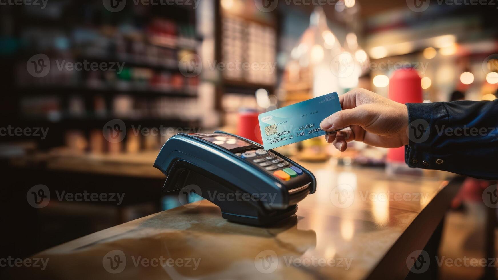 A customer at a cafe or restaurant completes a seamless transaction, using a credit card to pay at the cashier, showcasing the convenience of digital payment in the dining experience photo