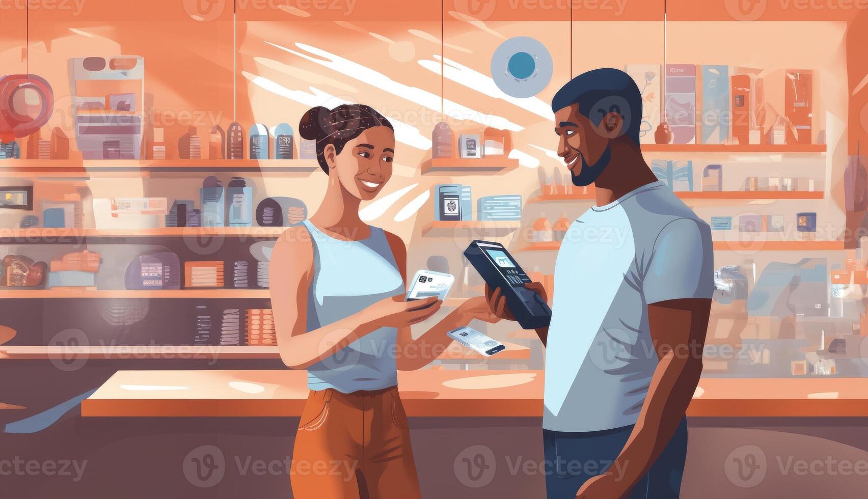 A customer at a cafe or restaurant completes a seamless transaction, using a credit card to pay at the cashier, showcasing the convenience of digital payment in the dining experience photo
