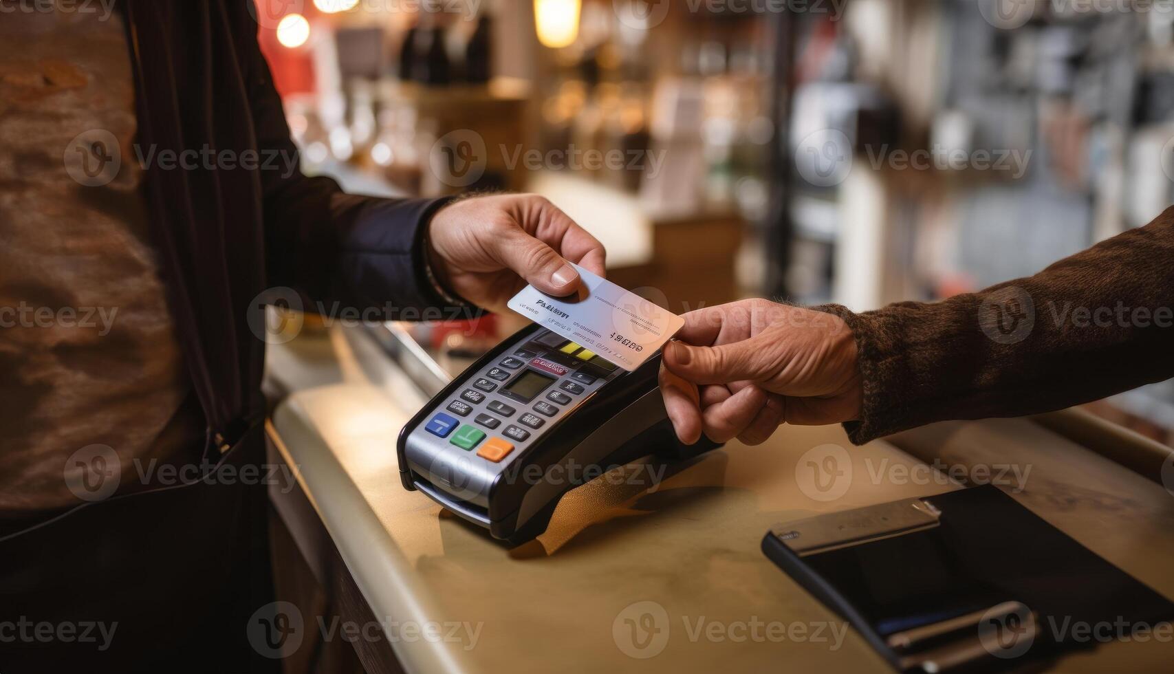 A customer at a cafe or restaurant completes a seamless transaction, using a credit card to pay at the cashier, showcasing the convenience of digital payment in the dining experience photo