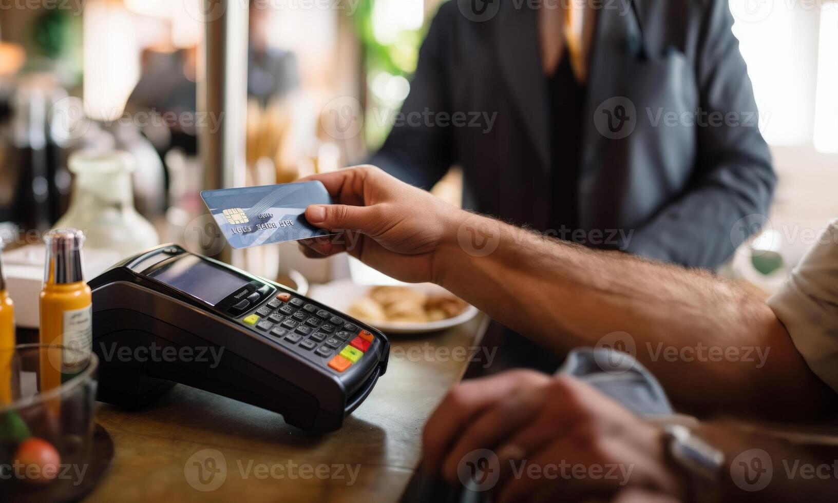 A customer at a cafe or restaurant completes a seamless transaction, using a credit card to pay at the cashier, showcasing the convenience of digital payment in the dining experience photo