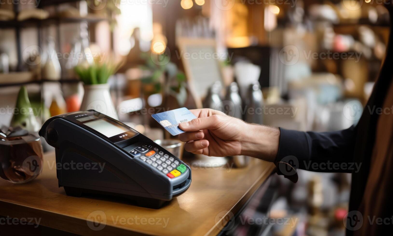 A customer at a cafe or restaurant completes a seamless transaction, using a credit card to pay at the cashier, showcasing the convenience of digital payment in the dining experience photo