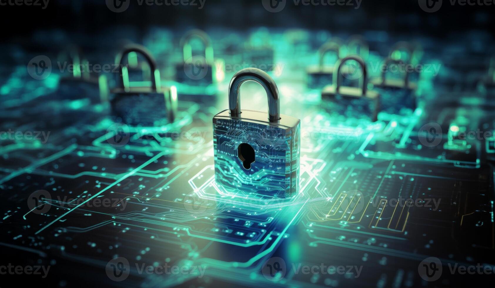 A modern depiction of cybersecurity and data privacy on the internet, illustrated by a conceptual image featuring digital locks safeguarding business and financial data, emphasizing the photo